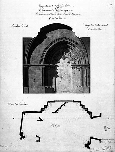 Projet de restauration : Plan et élévation du porche nord (état des lieux)