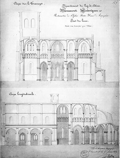 Projet de restauration : Coupe transversale sur le transept (état des lieux). Coupe longitudinale