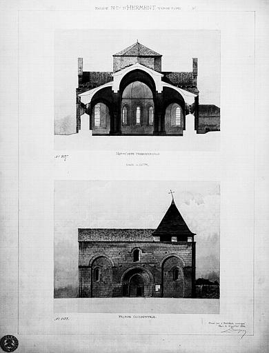 Coupe transversale et élévation de la façade ouest