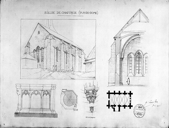 Vue perspective du nord-est, coupe transversale, plan et détails