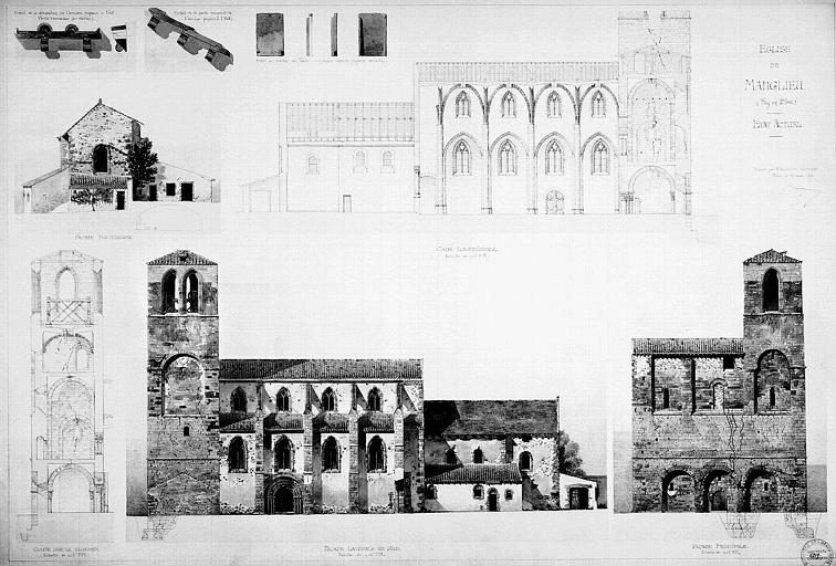 Coupe longitudianle. Coupe sur le clocher. Elévations des façades ouest et sud