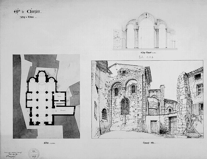 Plan. Coupe transversale. Vue du transept sud