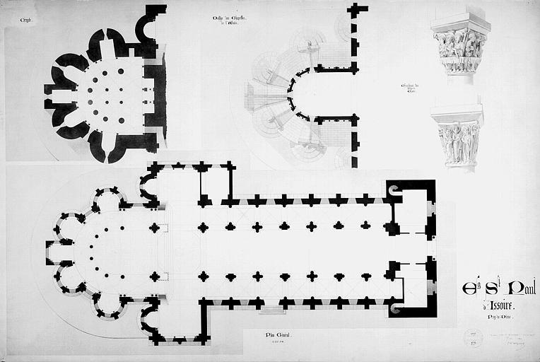 Plan général. Plans de la crypte et de la toiture. Chapiteaux