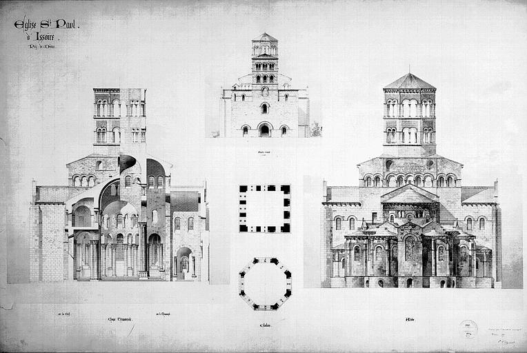 Coupes transversales sur la nef et sur le transept. Elévations des façades ouest et est. Plan du clocher