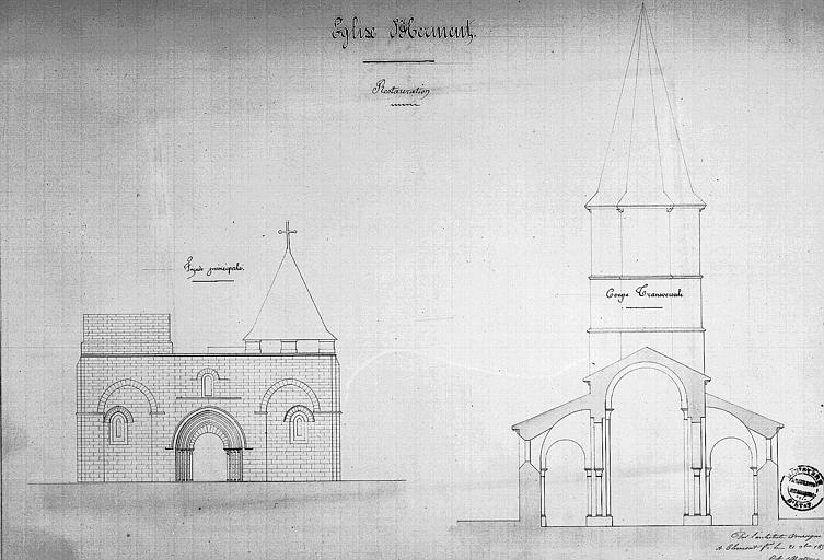 Elévation de la façade ouest et coupe transversale