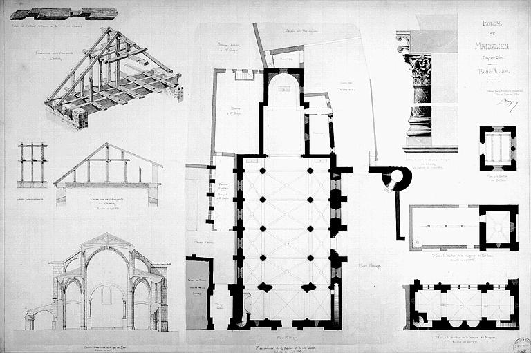 Plan et coupe transversale sur la nef. Coupe sur la charpente du choeur. Détail d'une colonne antique du choeur