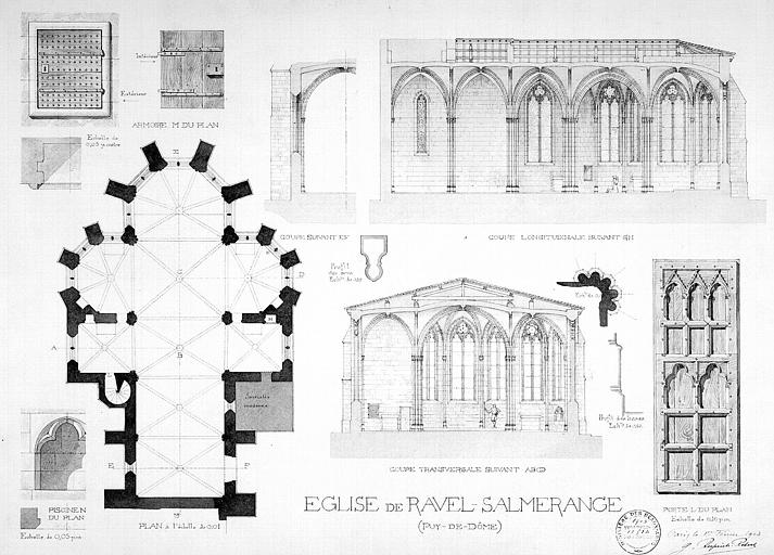 Plan d'ensemble. Coupes longitudinale et transversale. Détails