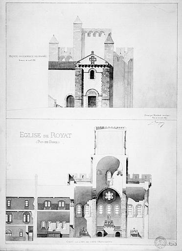 Façade ouest restaurée et coupe sur l'axe des deux transepts