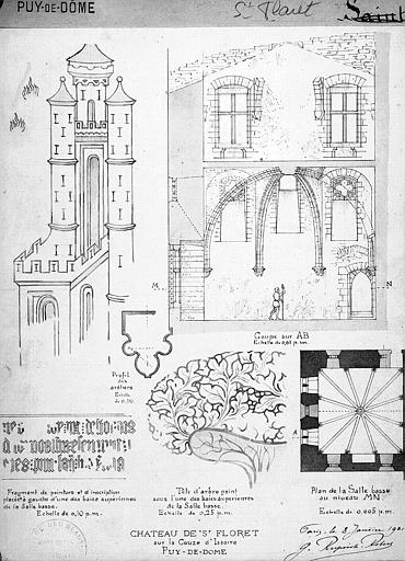 Vues perspectives intérieure et extérieure, plan de la salle basse et détails