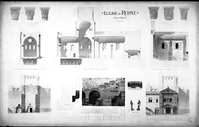 Coupe longitudinale. Elévations de la façade ouest (état actuel et restauration). Coupe transversale. Elévation de la façade nord