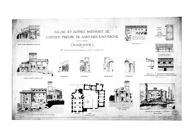 Eglise : Coupe longitudinale, élévation des façades nord et ouest, coupes transversales. Prieuré : Elévations est et sud, plan d'ensemble, coupe et élévation du chemin de ronde