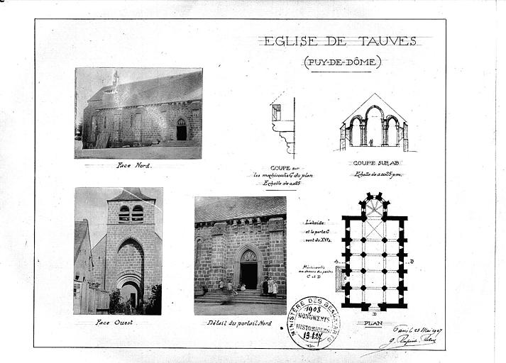 Plan d'ensemble, coupe transversale, coupe des mâchicoulis. Vues diverses : Façade sud, portail sud et façade ouest