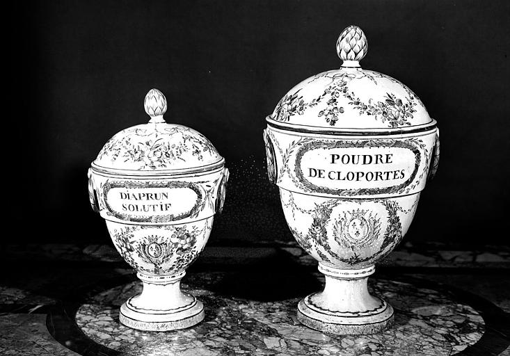 Deux pots : Diaprun solutif. Poudre de cloportes (faces)