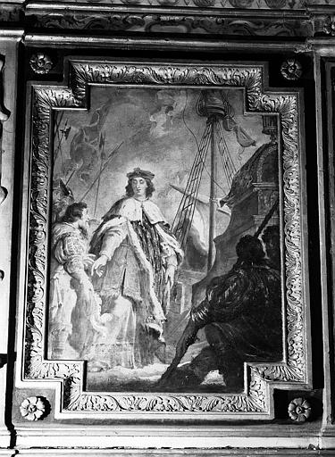 Peinture murale de la chapelle d'Estampes de Valençay (registre inférieur, côté gauche) : Scène de la vie de saint Louis. Saint Louis partant pour les croisades