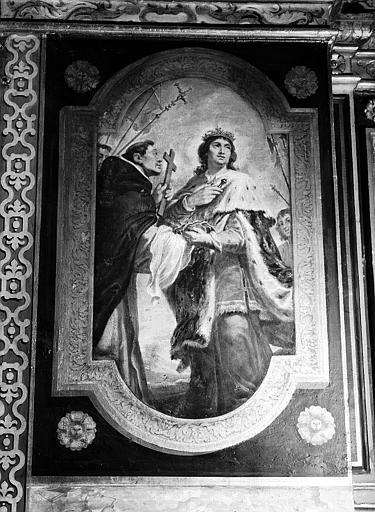 Peinture murale de la chapelle d'Estampes de Valençay (registre inférieur, côté gauche) : Scène de la vie de saint Louis. Saint Louis remettant la couronne d'épines et les clous à un moine