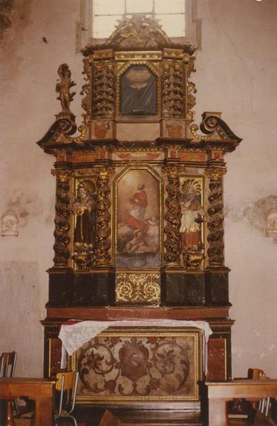 retable de l'autel Saint-Charles Borromée, tableau, 3 statues : saint Antoine de Padoue, saint Philippe de Néri, saint Sébastien, vue générale