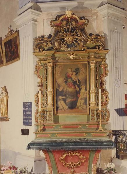 autel, retable, tableau : dit autel du Rosaire, l'Institution du rosaire, vue générale