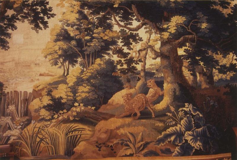 pièce murale (tapisserie à bordure à tableaux) : verdure avec léopards, vue partielle