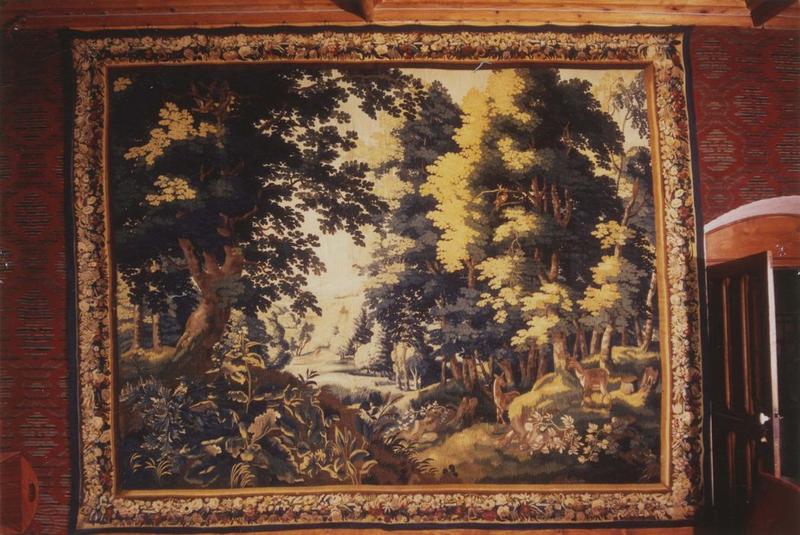 pièce murale (tapisserie à bordure à tableaux) : verdure avec biches, vue générale