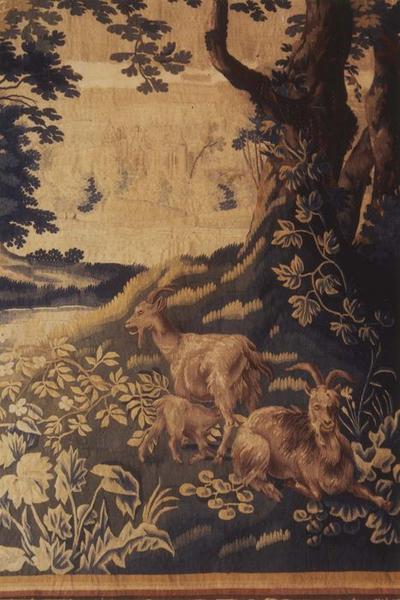 pièce murale (tapisserie à bordure à tableaux) : sous bois avec rivière chèvres et oiseaux, détail