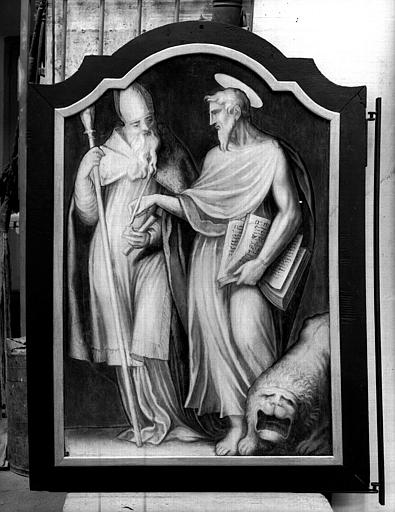 Panneau peint au dos de : Saint Marc et saint Bonaventure ou saint Ambroise, provenant d'un triptyque