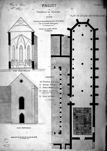 Projet de transformation en musée, feuille n° 3. Eglise transformée en musée de plâtres antiques : Plan général. Elévation de la façade ouest. Coupe transversale