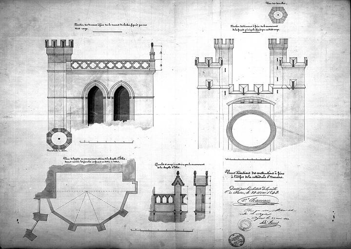 Projets de couronnement : Plan de l'abside. Détail des parties hautes de la façade principale du clocher. Détail des pinacles et de la rampe à construire pour le couronnement de la chapelle Saint-Félix (abside)