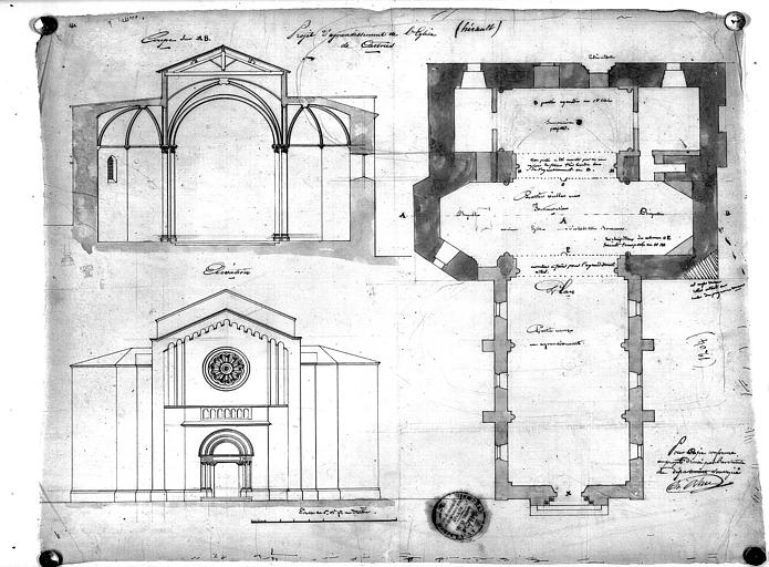 Projet d'agrandissement de l'église : Plan, coupe et élévation