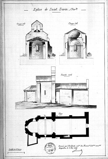 Plan, coupe et élévation de la façade nord