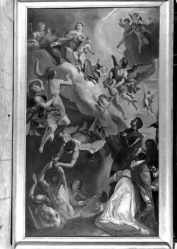 Saint Grégoire le Grand et saint Vital intercédent auprès de la Vierge pour les âmes du purgatoire, peinture sur toile de la chapelle des Ames-du-Purgatoire