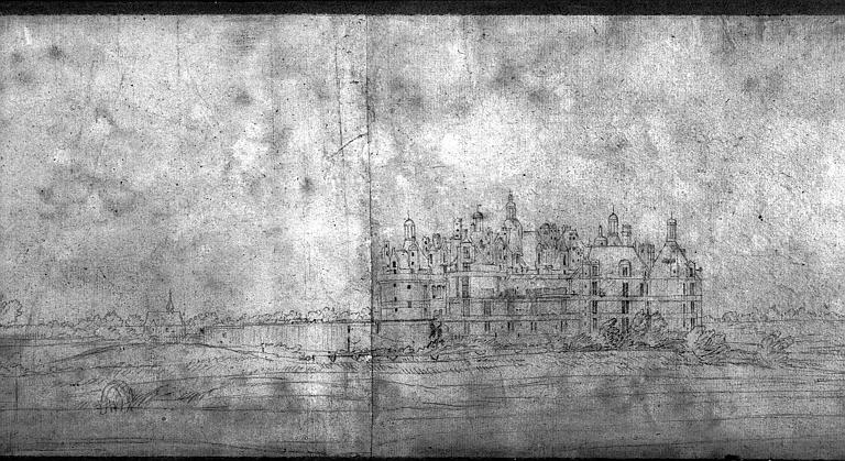 Dessin préparatoire aux tapisseries de l'histoire du Roi : Vue du château de Chambord, détail