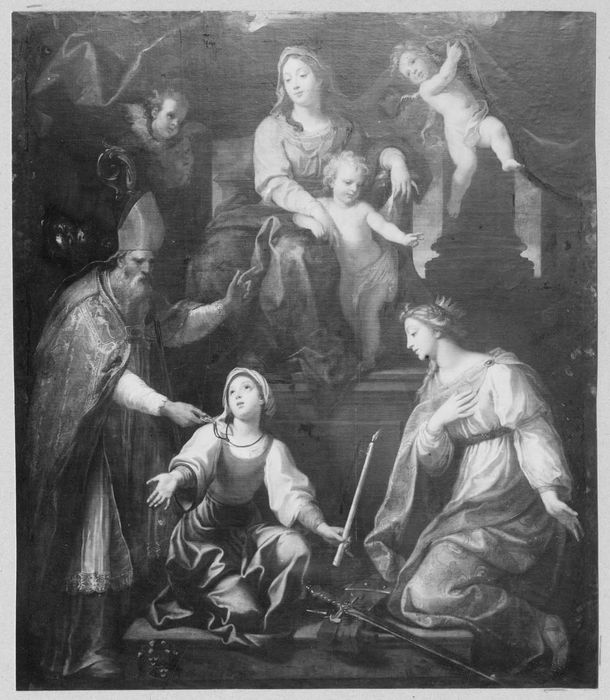 Tableau : Saint Germain l'Auxerrois donnant une médaille à sainte Geneviève enfant