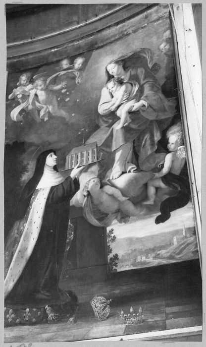 tableau : Sainte Isabelle offrant à la Vierge le modèle de l'abbaye de Longchamps