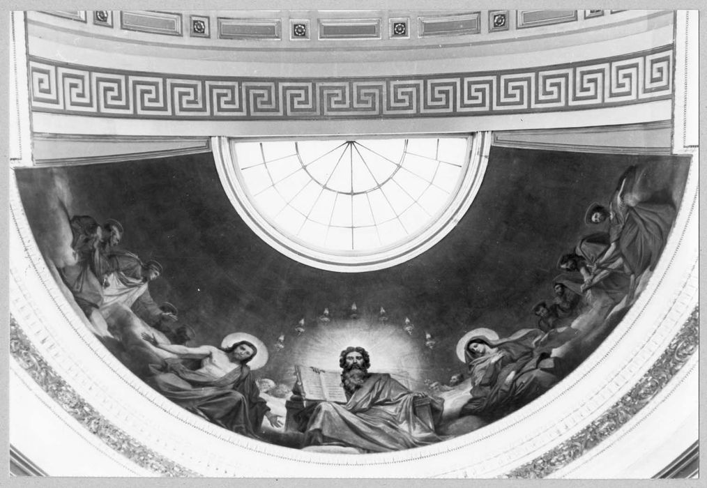 peinture monumentale de la demi-coupole du sanctuaire : Le Père Eternel, le Christ et la Vierge entourés d'anges