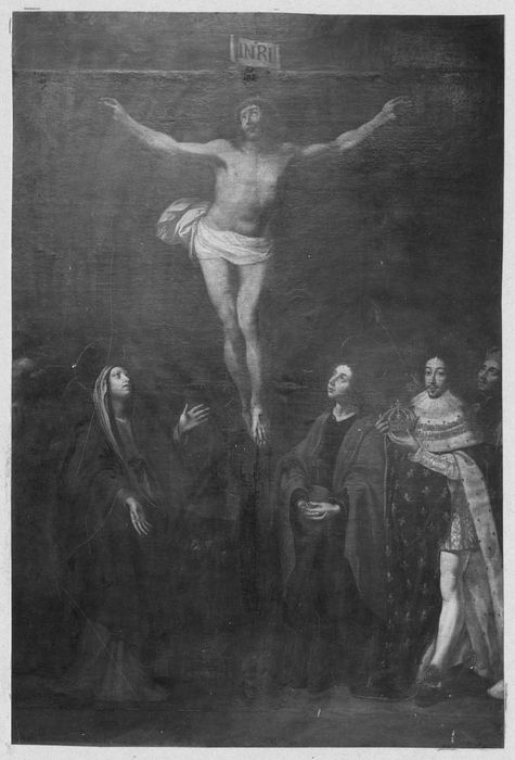 Tableau : Le Christ en croix, accompagné de saint Jean, du roi Louis XIII et d'Aristote