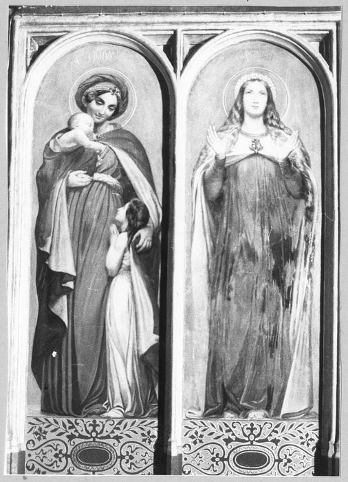 Peinture monumentale de la chapelle de la Vierge : La Foi, L'Humilité, La Charité, L'Espérance, La Résignation, La Force, Le Repentir, La Justice