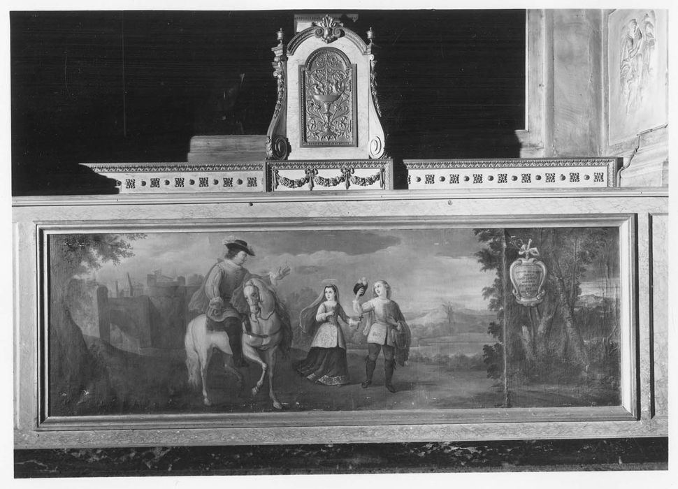 tableau servant d'antependium : Sainte Thérèse accompagnée de son père est ramenée à la maison paternelle