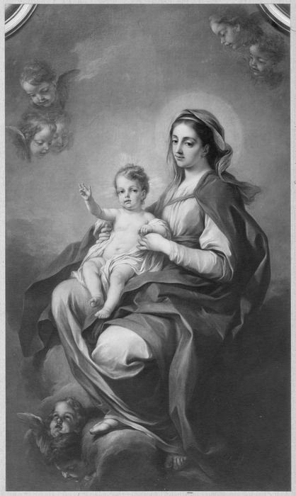 tableau : La Vierge et l'Enfant Jésus entourés d'angelots dite la Vierge bleue