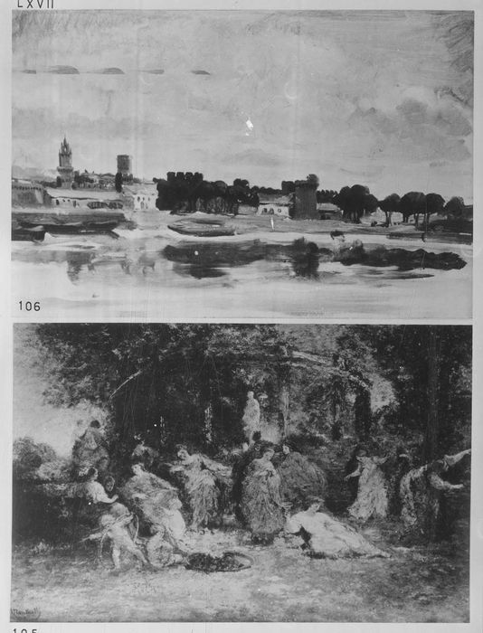 Tableau : Fête galante dans un parc et son cadre