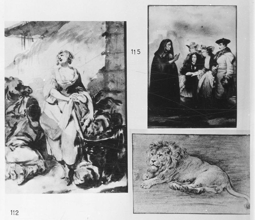 tableaux : Lion couché, tableau : Lavandière et garçon d'écurie ; dessin (aquarelle sur velin) : Illustration à cinq personnages pour Guy Mannering