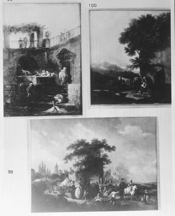 tableaux : Fête de village avec théâtre et danse, Lavandières dans un décor romain, Visite à l'ermite 