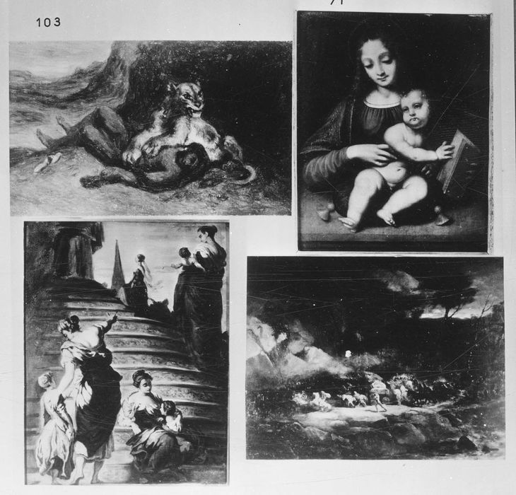 tableaux : Vierge à l'Enfant, Étude d’un homme terrassé par un lion, Scène héroïque illustrant le défilé d'une armée dans un paysage tourmenté, Présentation de la Vierge au Temple 