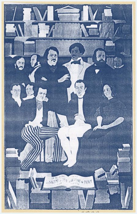 pièce murale : Léon Gozlan, Salvandy, Balzac, Dumas père, Théophile Gautier, Lamennais, V. Hugo, Villemair et G. Sand (document imprimé)