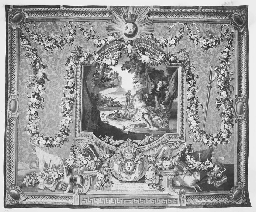 pièce murale de l'Histoire de Don Quichotte : La Dorothée déguisée en berger et trouvée dans la montagne par le barbier et le curé qui cherchaient Don Quichotte