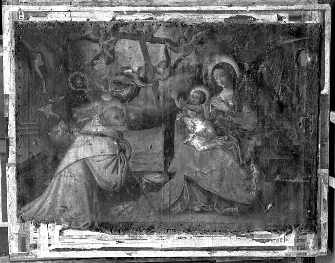 Saint évêque en adoration devant la Vierge nourrissant l'Enfant Jésus, peinture sur toile