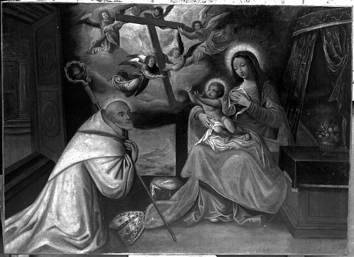 Saint évêque en adoration devant la Vierge nourrissant l'Enfant Jésus, peinture sur toile