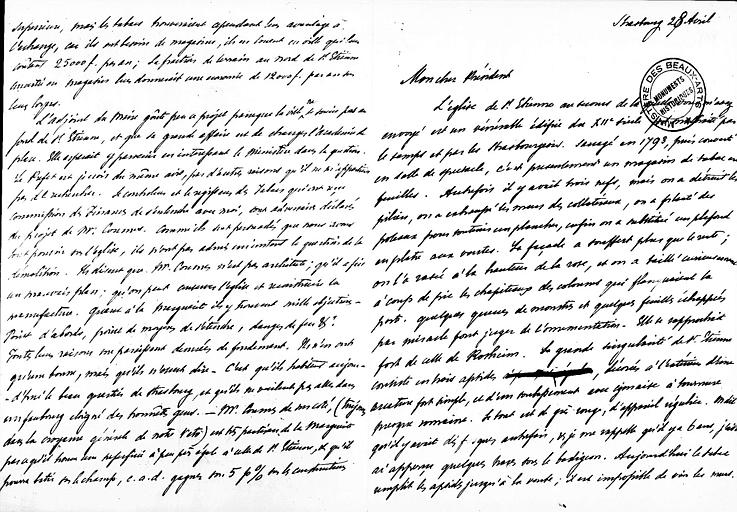 Lettre de Prosper Mérimée écrite à Strasbourg et adressée à Ludovic Vitet au sujet de l'église Saint-Etienne, pages 1 et 4