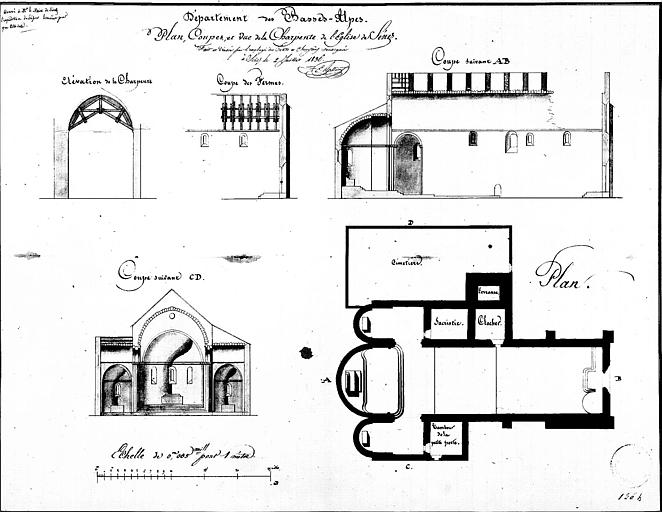 Plan, coupes et vue de la charpente