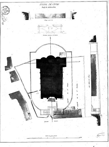 Plan d'ensemble de l'église, et coupe et élévation intérieure de l'escalier