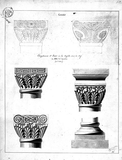 Dessin des chapiteaux et bases de colonnes de la crypte